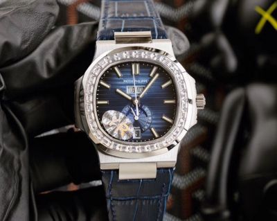 Patek Philippe Nautilus Annual Calendar Moon Phases Blue Leather Watch Band Diamond Bezel